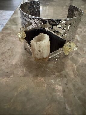 Free People Silver Cuff Bracelet with Cream Stone and Pale Yellow Accents